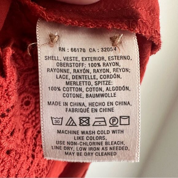 ANTHROPOLOGIE Maeve Rust Color Crescent Street Button Down Crochet Front Blouse - Picture 6 of 9